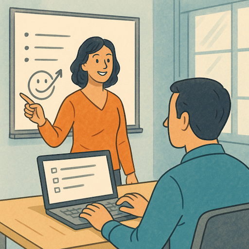 Formador explicando con paciencia y de forma motivadora a profesionales en una oficina moderna, ilustrando el concepto de formaciones sencillas y claras.